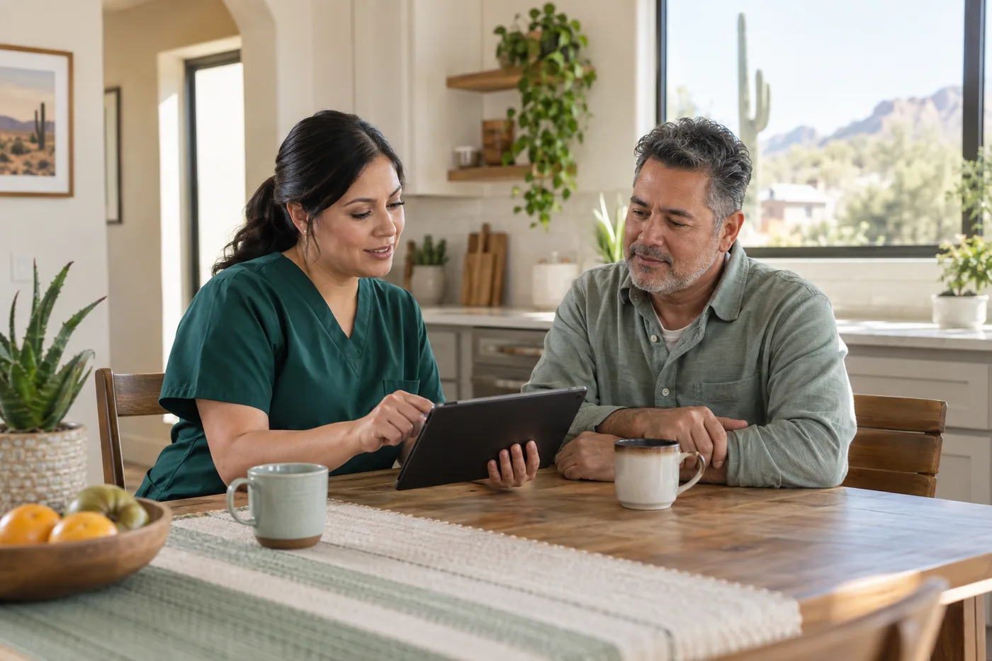 Representative healthcare professional reviewing a mobile appointment with a client