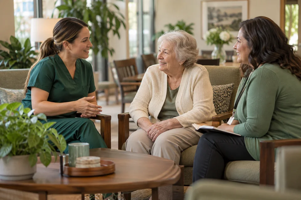 Representative healthcare professional meeting with a resident and care coordinator
