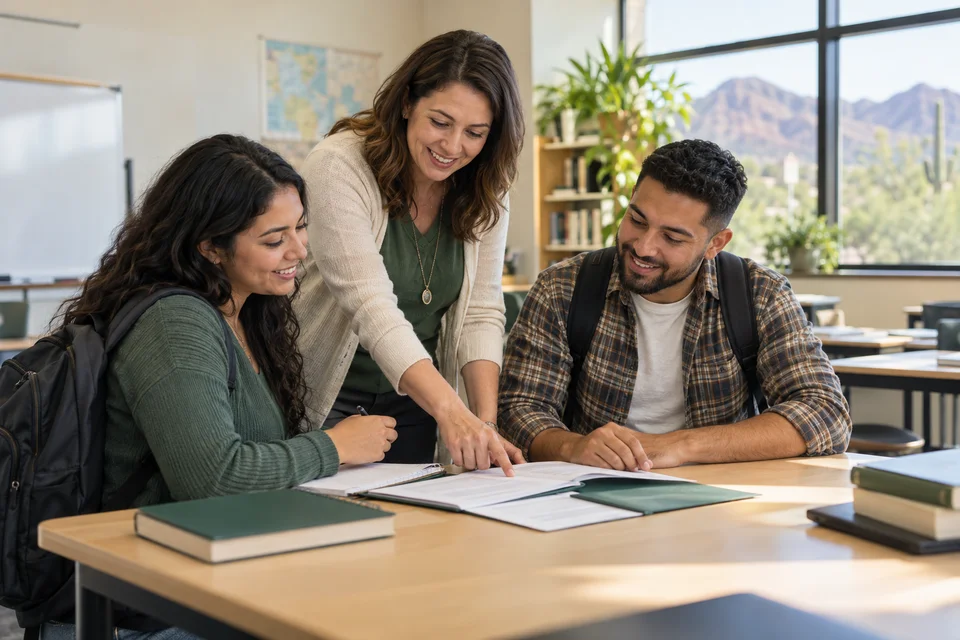 Representative instructor and adult students reviewing program paperwork
