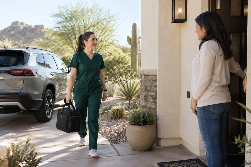 Representative healthcare professional arriving by vehicle at a client’s home