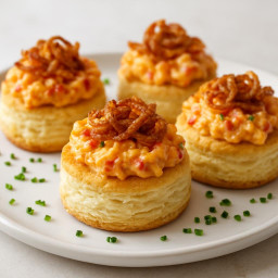 Appetizer: United States – Southern United States – Mini Buttermilk Biscuits Topped with Pimiento Cheese and Crispy Shallot